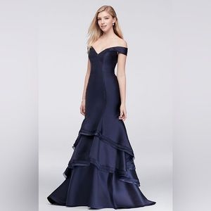 XSCAPE tiered off-the-shoulder satin mermaid dress. Plus size evening dress.